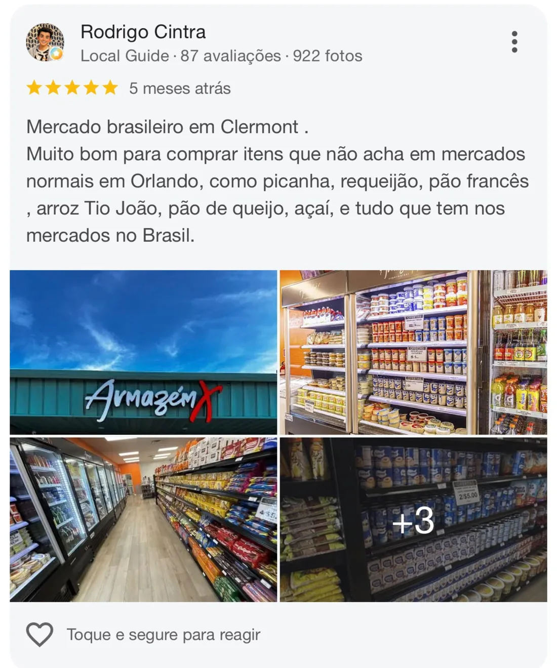 Avaliação do Google de Rodrigo Cintra sobre o Armazém X Clermont